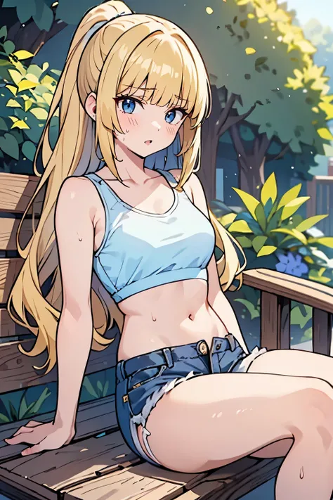 masterpiece, solo girl, (young female body:1.4), (medium small breasts), flustered, yellow golden hair, extra gold long hair, thick wavy hair, hime cut, blunt bangs, ponytail, crystal blue eyes, light blue detailed eyes, hot summer day, shorts, light blue ...