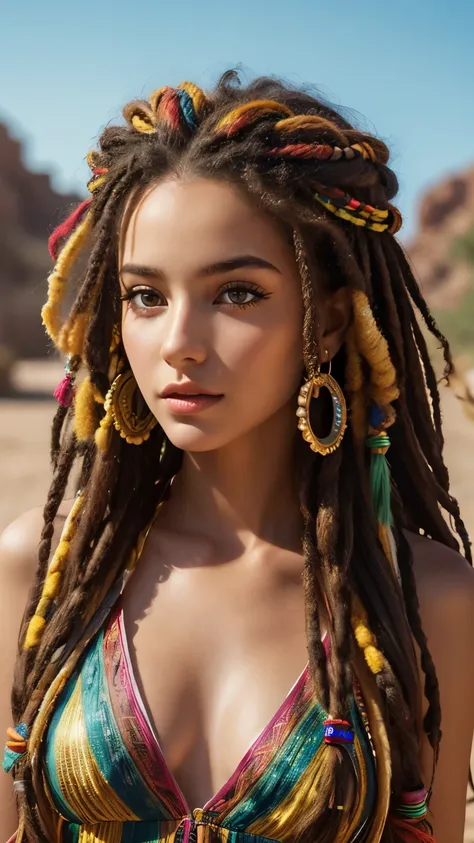 a beautiful young woman with hippie-style hair and dress, detailed eyes and lips, cinematic 8K resolution, photorealistic, shine body, rasta hair 