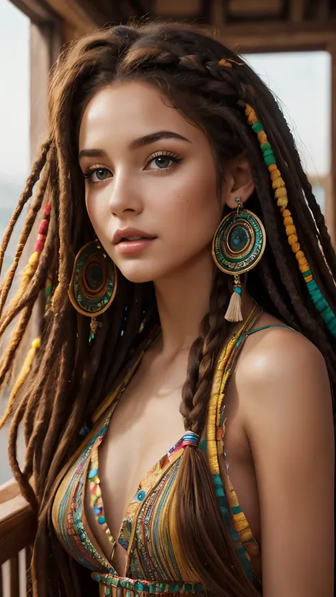 a beautiful young woman with hippie-style hair and dress, detailed eyes and lips, cinematic 8K resolution, photorealistic, shine body, rasta hair 