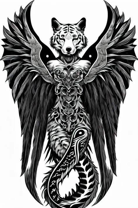 fox face, white eagle wings, white tiger body, dragon tail