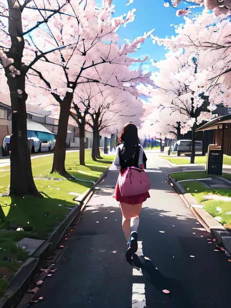 From behind, a cute women walking on a flowery road surrounding cherry blossom pink trees