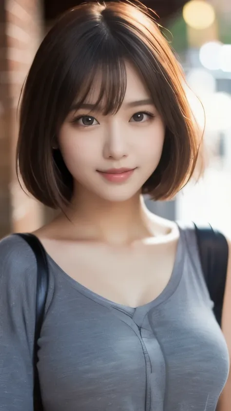 8k,Highest quality,(masterpiece:1.2),(Realistic),(Realistic:1.37),Ultra-high resolution,1 female college student,city,smile,Beautiful Eyes,(((Cute casual clothes))),Big Breasts,Perfect body,Perfect Fingers,Professional Lighting,gravure,Detailed face and sk...