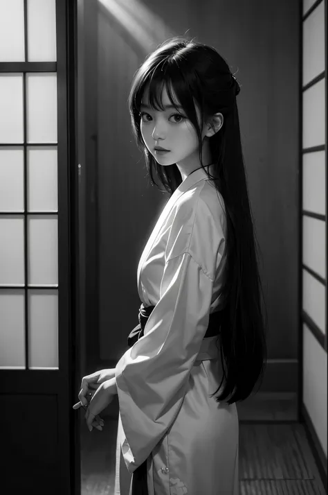 {
  "size": "1024x1024",
  "prompt": "a monochrome photograph capturing a traditional japanese house interior with a dark, shado...