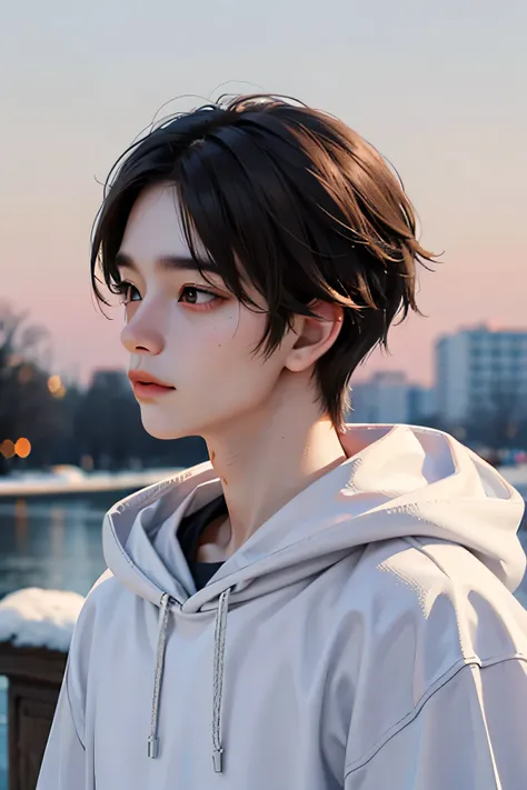 One boy, brown hair, White skin, 18 years old, super detail, masterpiece, 8k, korean, amazing, Idol, high quality, Refreshing, high quality, androgynous boy, winter, clear, Natural lighting, Make your eyes look more natural, prime, The season of snowfall, ...