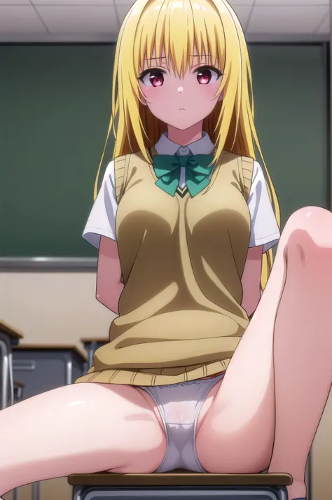 nsfw,1girl,1 person、toloverumy, my, Yellow Hair, Long Hair, Red eyes, 
break school uniform, shirt, white shirt, bow, green bow, sweater, light brown sweater vest, Short sleeve,
break indoors, classroom,Sit on a chair、Spread your legs、　　　　　　　　　　
break look...