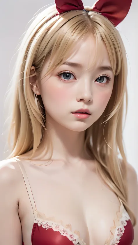 1 person,Beautifully detailed face:1.3、Face close-up:1.6、The whole face fits in the frame:1.6、((She wears a big red bow in her hair like a French doll......:1.6))、 ((Small breasts:1.7))、(A sheer camisole with a loose fit around the chest:1.7), ((I&#39;look...