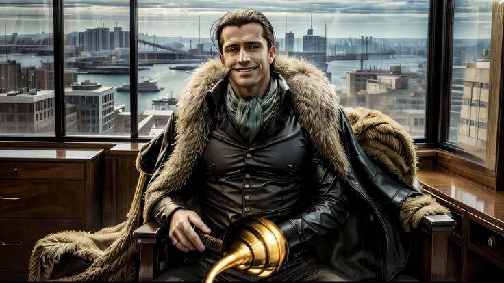 masterpiece, best quality, extremely detailed, hyperrealistic, photorealistic, a cool 40s man, ultra detailed face:1.2, fur-trimmed coat, scarf around the neck, his left hand is a golden pirate hook:1.1, cigar, wide shot, ultra detailed modern office, glas...