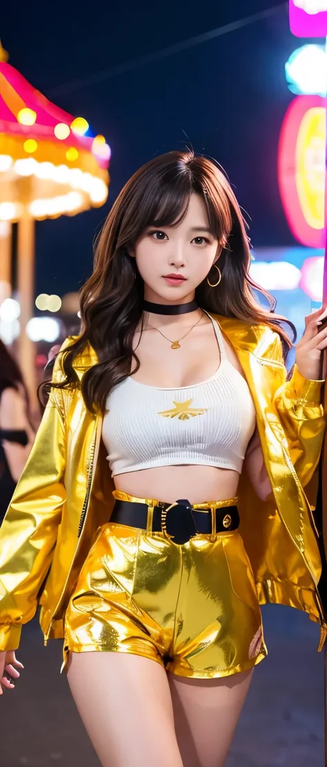 Gorgeous idol girl、whole body、Good style、、、、、、、、、、Thick legs、Gold tight shorts costume、Ruffled jacket、Cool girl face、、、Illuminated amusement park at night、、Flare Belt、Wavy Hair