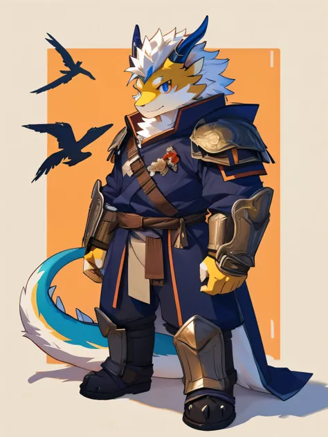 nj5furry，kemono，full-length portrait，anthro，hi res，male，White hair，Golden dragon，warrior，Metal Armor，strong，Fluffy hair，Plush paw，A tail，Delicate eyes，Detailed eyes