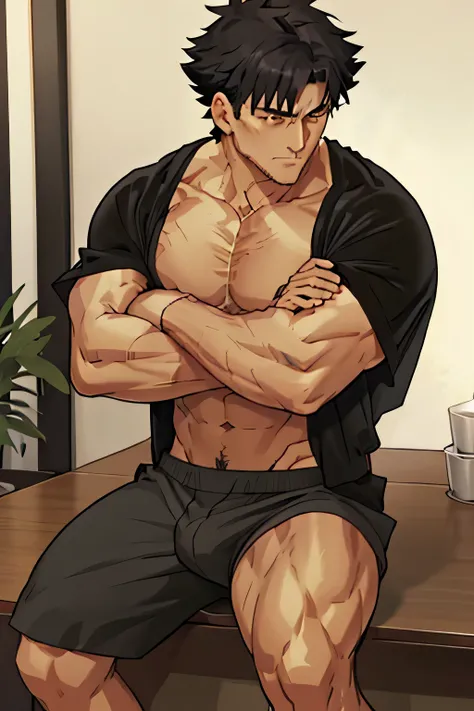 Kiritsugu is sitting and flexing his arms. He is shirtless. He wears black short boxershorts. You can see his thighs completely. He has a huge bulge. You can see his abs too. He is admiring his arms. he has many big veins on his arms.