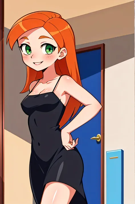 (kim possible:1.3), long hair, green eyes, (black spaghetti strap dress:1.3), blush, medium breasts, orange hair, black spaghett...