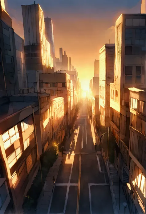 A panoramic view of a bustling city at sunrise. The golden light casts long shadows over the buildings and streets. The sky is a gradient from deep blue to orange, symbolizing a new beginning."