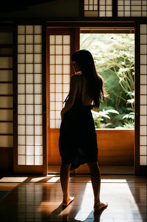 { "size": "1024x1024", "prompt": "a monochrome photograph capturing a traditional japanese house interior with a dark, shadowy a...