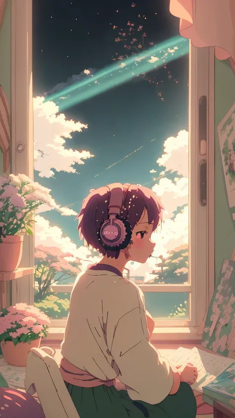 anime style, (dreamlikeart), (soft focus), cozy room setting, girl with headphones, [(lofi beats:1.3)|ambient music], (anime art...