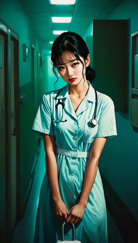 An illustration、art、80s Thai horror movie poster, Supervised by Junji Ito、(nurse:1.0)、night、hospital、Attention to detail, Realistic Shadows、Analog Style, chromatic aberration, Surrealism、Complementary Gradient