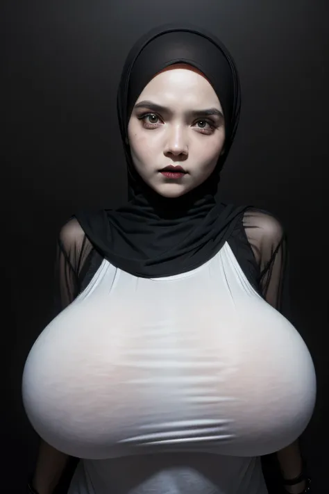 ((GOTHIC GOTH GIRL BLACK LIPS)), Jumbo (Singlet), Chubby adorable, 1 girl, (face to face), 10 years old, baby face, angry face expression, half body portrait, (face details: 1), (eye details: 1), ((big breasts)). wearing transparent transparency soft long ...