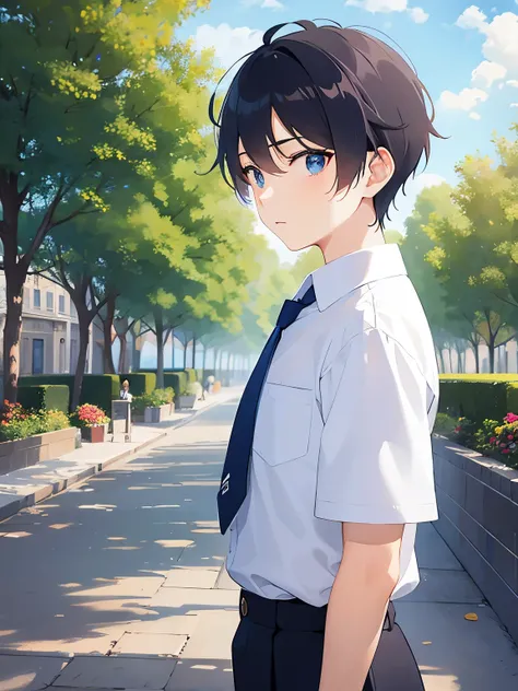 school uniform、upper body、shiny skin, masterpiece、Highest quality、(18-year-old male:1.5) and (Black short hair) and (blue eyes), BREAK white collared shirt BREAK 立っている、surprised, The background is a park、alone