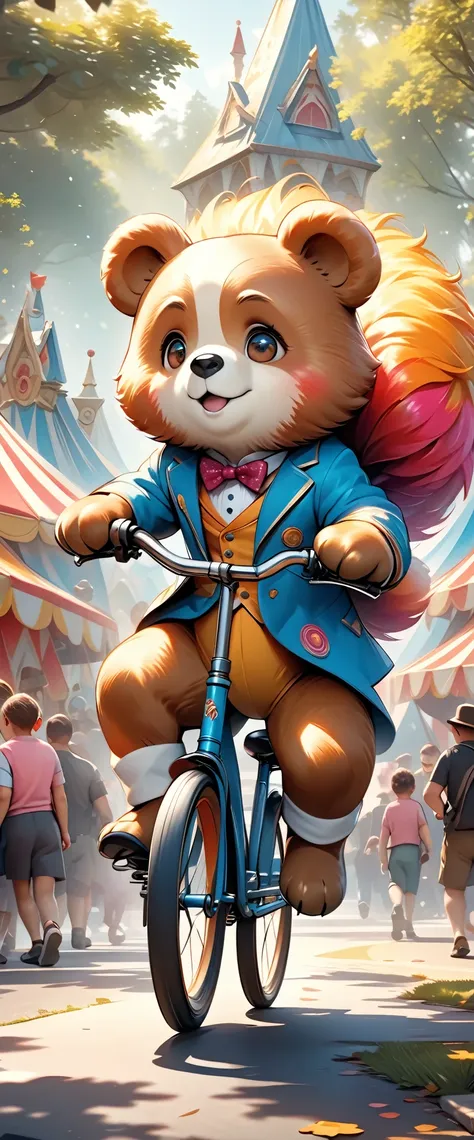 a circus bear riding a bicycle, stylized illustration, highly detailed, intricate details, adorable, cute, whimsical, vibrant colors, dynamic pose, anthropomorphic, cartoon-like, soft textures, fluffy fur, playful expression, fantastical, magical realism, ...