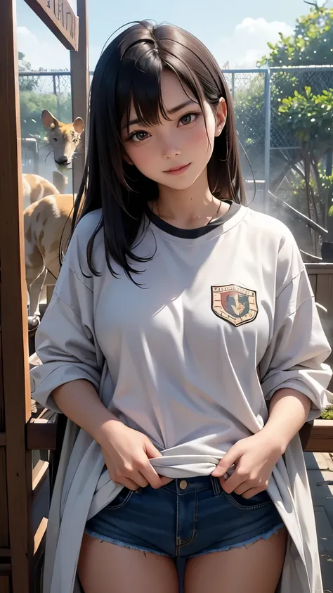 Her mother is a zookeeper at a safari park. She is sweating on her healthy body. She is cheerful and shy, and is seen as having a feminine physique. She is at work, but I want you to look at me. She works in the animal cages.