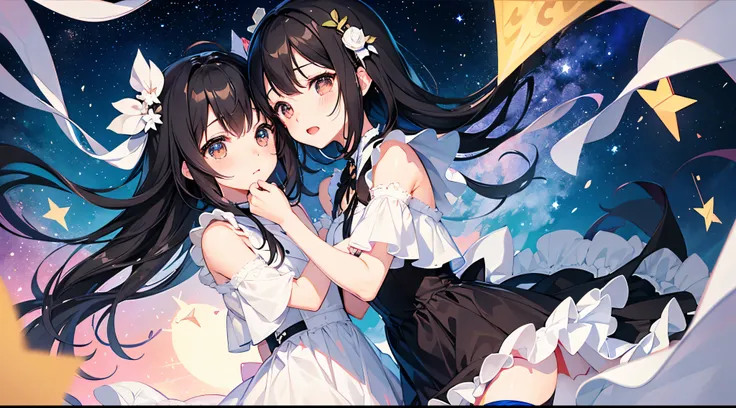 Cute illustrations、Girl、Black Hair、Half crying、My eyes are watering、Wearing a dress、One girl、The background is a starry sky