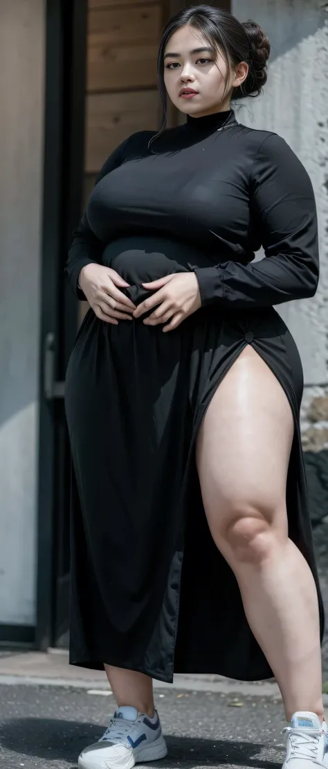 ((best quality)), ((masterpiece)), (detailed), malay woman, perfect face, araffe woman in a dark-black gamis walking down a street, thicc, she has a jiggly fat round belly, bbwchan, wearing tight simple clothes, skinny waist and thick hips, widest hips, he...