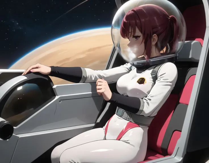 (spacesuit:1.15), white cargo pants, space helmet , , indoors, masterpiece, best quality, 1girl, solo, short hair, , , trembling, HARD TO BREATH,, , bodysuit, from side, kafka, bubble helmet, short hair, nside the (cockpit) of a (futuristic spaceship:1.6),...