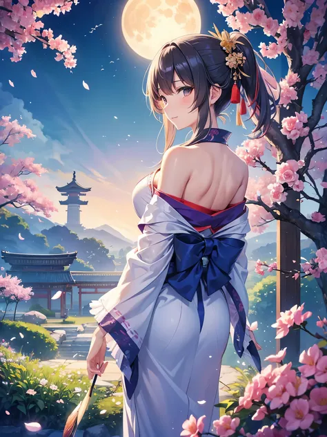 A serene Taishō era beauty gazes longingly over her shoulder, lost in thought as a gentle breeze rustles the petals of vibrant flowers surrounding her. A majestic bird perches delicately on a nearby branch, its feathers ruffled by the winds whispers. The s...