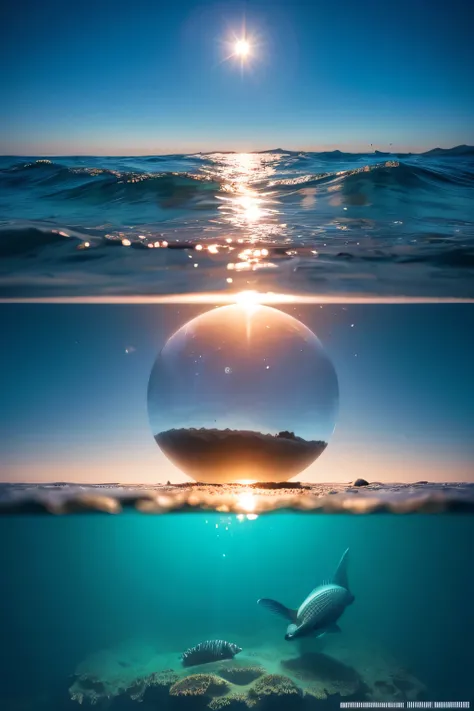 Underwater world,Life at sea，Transparent fog，A hemisphere looks down from the sky，wonderful，Artistically。Beach sand background