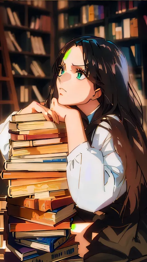 anime girl sitting on a pile of books in a library, in the anime film ergo proxy, makoto shinkai. digital render, in the anime series ergo proxy, screenshot from guro anime, in the anime film, screenshot from the anime film, anime visual of a young woman, ...