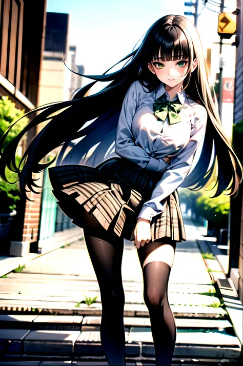 （（super high quality,Ultra-high resolution,4K,8k,super masterpiece,Ultra HD ,Detailed shading））,Full body photo,Morning Park,1 high school girl,Blue-green blazer,White dress shirt unbuttoned to the second button,A bright yellow striped bow tie,Brown plaid ...