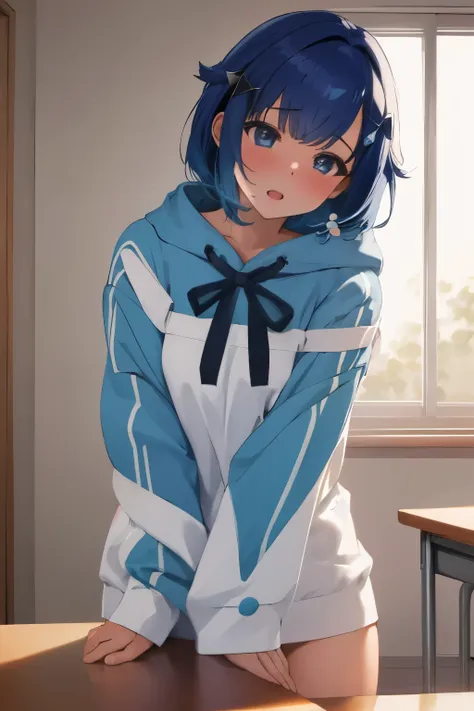 Masterpiece、Highest quality、1girl、Standing at the edge of the desk、Super detailed、nsfw　Blue Hair、short hair、hairpin　Ahegao　Blue Eyes、Beautiful eyes、detailed depiction of the eyes　hoodie　I am sweating profusely.　standing、Standing and on all fours、Put your h...