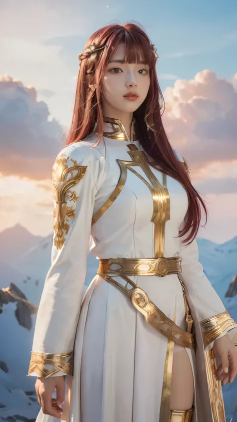 ((masterpiece, best quality, extremely detailed), volumetric lighting, ambient occlusion, colorful, glowing), 1girl, solo, young girl, (maroon hair with bangs), long hair, halo, aura, sacred, goddess, cleric suit, (white outfit with gold detailst:1.3), arm...