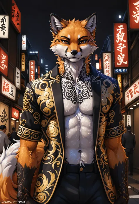 front view, best quality,  full body portrait, wide shot, 

solo, furry anthro fox male, yakuza style, detailed fur texture, (re...