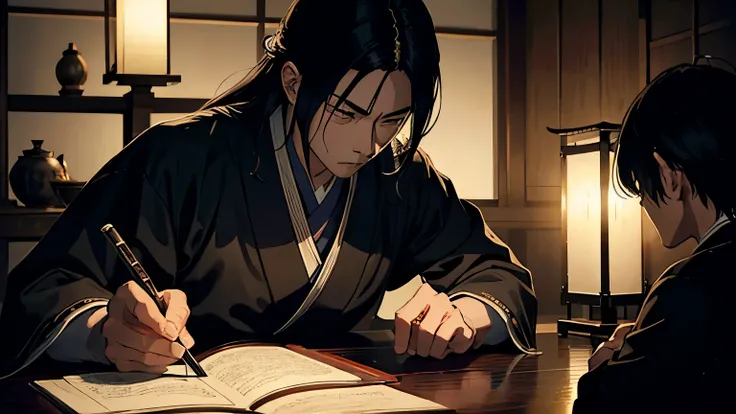 A dramatic, high-detail scene of Sakamoto Ryoma in a dimly lit room, illuminated only by the flickering light of a candle. He is seated at a low wooden table covered with ancient scrolls and detailed maps of feudal Japan. Surrounding him are shadowy figure...