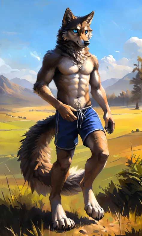 ((Solo)), male people, anthro wolf, (Multi-colored fur, White-brown:1.3，White tail pointed), (Height 2.1m,Tail length 1.2m), ((Wolf face, Big eyes, White eyelids, Blue pupil, Slim:1.2) (Tough, Calm expression:1.2)), Abs, Slim, pinging)), (Correct anatomy),...