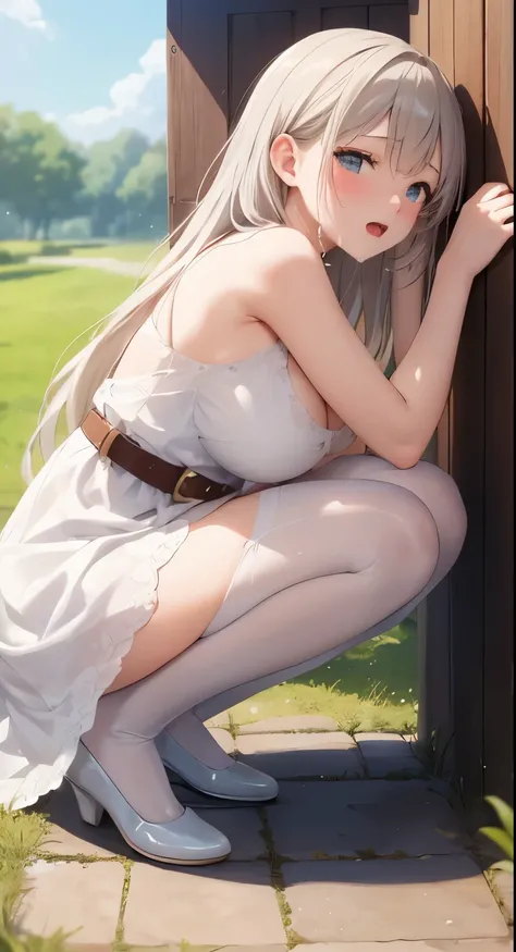 Big Breasts:1.2、、Highest quality、Very detailed、Highly realistic eye masterpiece、Highest quality、Very detailed、Gray Hair、Perfect Face、Long Hair、White Dress、Sundress、anime、countryside、Gutter Belt、White Stockings、Pussy、{{{{{M-shaped feet}}}}}、Browsing Caution...