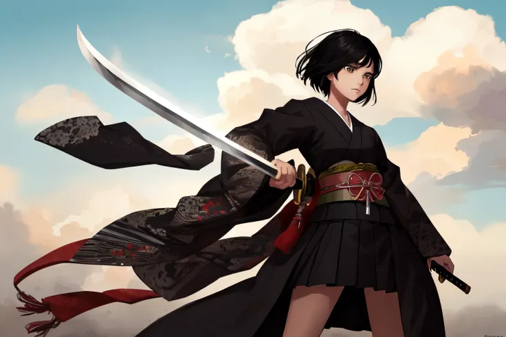 Japanese Sengoku period, Japanese anime, beautiful girl, young, high school student, short hair, black hair, strongest, Japanese sword, alone, black clothes