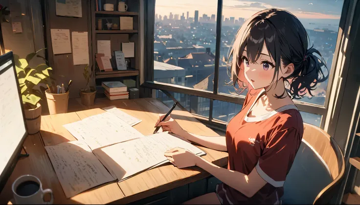 Beautiful female college student, By the window, Note,Noteを見つめる, Cafe, Window leading to the white desk, City view, High places,  Overlooking the cityscape, Note, Holding a pen and a mug,, Black Hair, Lounge wear in the middle of summer, ((Skin on the side...