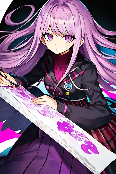 Anime style illustration of a woman with purple hair, Dark brown and vermilion, Danganronpas Eye, purple themed,Deemos style!!, Candypunk character design!!, Low saturation!!, dark,Handwritten style!!!,Rough art style,Simplified design,low quality,Fewer po...