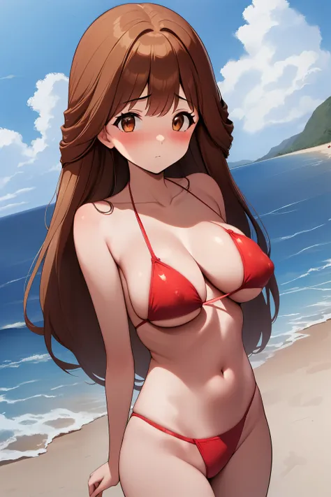 (masterpiece), (top-quality), (hight resolution), (cowboy shot, standing), (kawai iyona),  (1girl), brown eyes, brown hair, long hair, (tareme:2.0, blush:1.5), (medium breast), cleavage, collarbone, (red micro bikini), (standing), (erect nipples), (cowboy ...