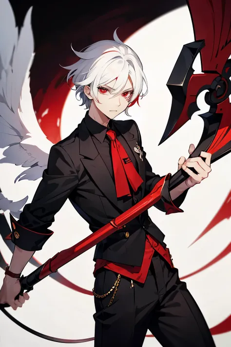 Chico is an anime character with red eyes, white hair, and is half-demon. He holds a scythe in his hand.