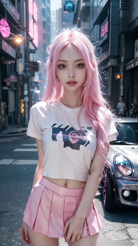 8k, UHD, masterpiece, 1 girl, ((good face)), very long hair, light makeup, (white skin:1.2), detailed eyes, small bust, simple cyberpunk clothing, ((pink t-shirt)), ((mini skirt)), (cyberpunk lighting:1.4), ((building)), light effect, light reflection, ((s...