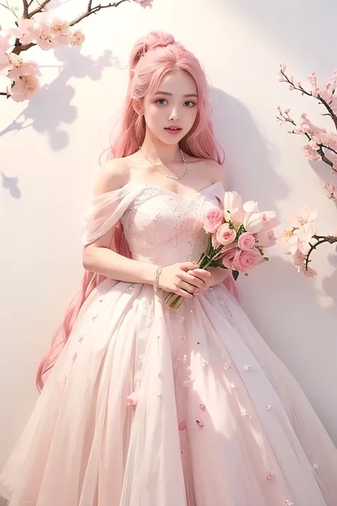 light pink hair, pink eyes, pink and white, cherry blossom leaves, bright colors, white dress, paint splashes, simple background, ray tracing, wavy hair