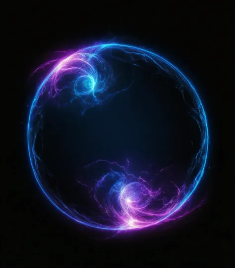 a circular neon frame with a black background, glowing sphere, plasma glowing, electricity aura, cosmic energy, electric aura with particles, glowing electric aura, energy sphere, energy vortex, plasma globe, whirling plasma, glowing spiral background, (bl...