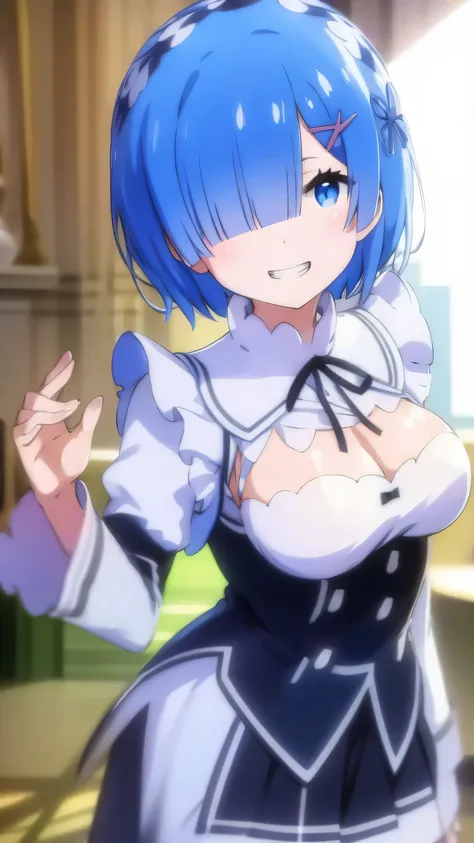 (8k、Best image quality、Highest quality、masterpiece)、Detailed face、((One ))、Blue Hair、Bobcut、Blunt bangs、shiny bright blue eyes、Wicked Smile、((Grin))、((Big Breasts、Big cleavage))、Navy blue blazer and white shirt、((Schoolgirl skirt))、Black Pantyhose、Cowboy S...