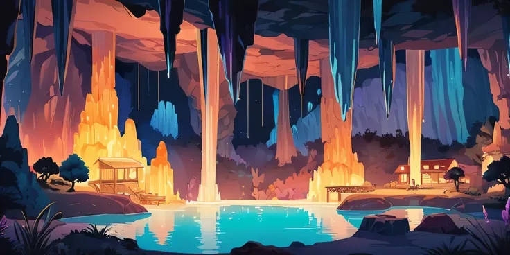 Dessinez un poster dune maison dans le style anime lofi, décoration féérique, cascade de lumière, grotte, stalagmites, stalactites, la nuit, belle palette de couleurs taupe, couleurs saturées vibrantes, oeuvre dart, aucun humain, thème marron foncé