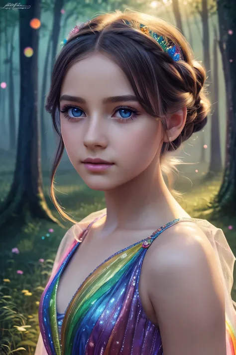 1girl, rainbow, by mitsudoue, beautiful detailed eyes, beautiful detailed lips, extremely detailed eyes and face, long eyelashes, beautiful young girl, rainbow dress, ethereal, fantasy, magical, vibrant colors, soft lighting, cinematic, dramatic atmosphere...