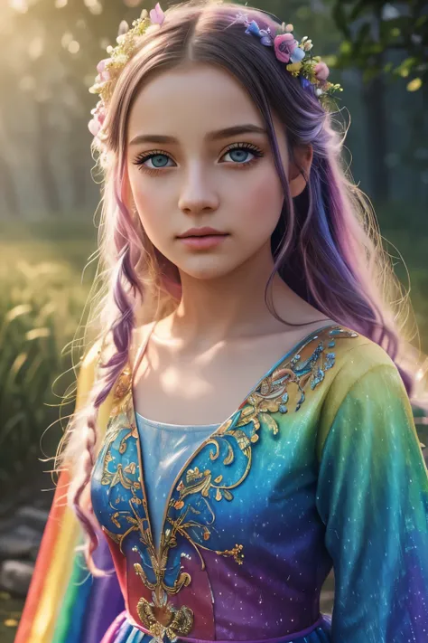 1girl, rainbow, by mitsudoue, beautiful detailed eyes, beautiful detailed lips, extremely detailed eyes and face, long eyelashes, beautiful young girl, rainbow dress, ethereal, fantasy, magical, vibrant colors, soft lighting, cinematic, dramatic atmosphere...