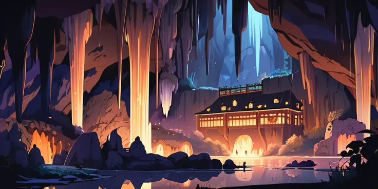 Draw a poster, big house, dans le style anime lofi, magical decoration, cascade of light, cave, stalagmites, Stalactites, la nuit, beautiful taupe color palette, couleurs saturées vibrantes, Artwork, aucun humain, dark brown theme