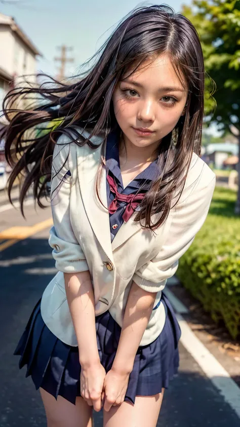 (High school girls walking on Tokyo street:1.2、blue sky)、((school uniform、blazer、Pleated skirt、Navy blue socks、loafers)、the wind is strong、(Realistic、Like a photograph、Live Action、8K, Realistic, RAW Photos, Best image quality: 1.4), Single-lens reflex came...